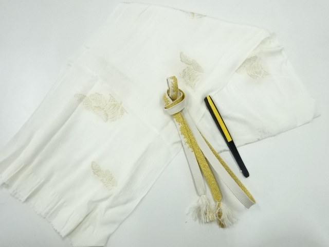 リサイクル　正絹　松に船模様織出し帯揚げ・帯締めセット（扇子付）